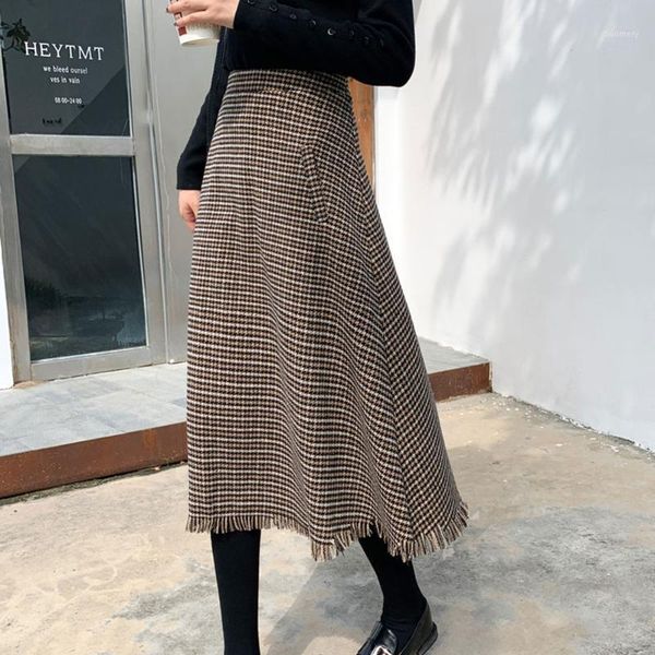 

long skirt plaid high waist tassel thick woolen autumn winter wear fashion casual slim elegent korean 2020 new retro vintage1, Black