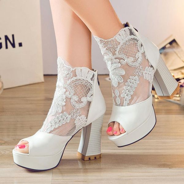 

boots us4-11 womens platform lace mesh ankle breathable summer zipper block high heel shoes sandals black white c5161