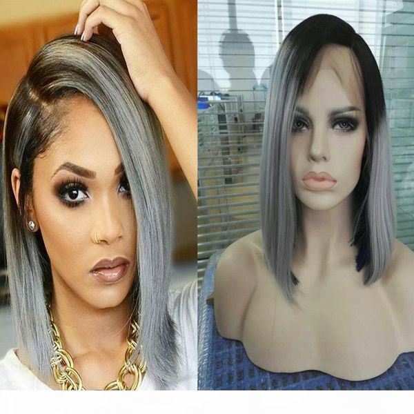 

100% unprocessed brazilian human hair full lace wig ombre #1b sliver grey short bob lace wigs glueless front lace wigs with baby hair, Black;brown