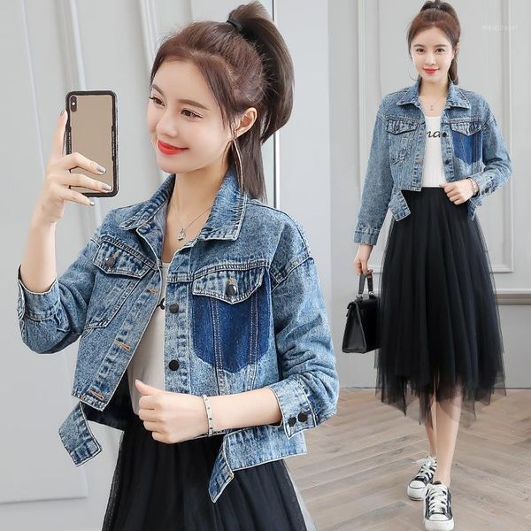 

woman short loose denim jacket1, Black;brown