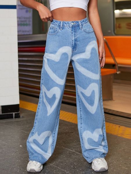 

high waist heart print wide leg jeans 10k5#, Blue