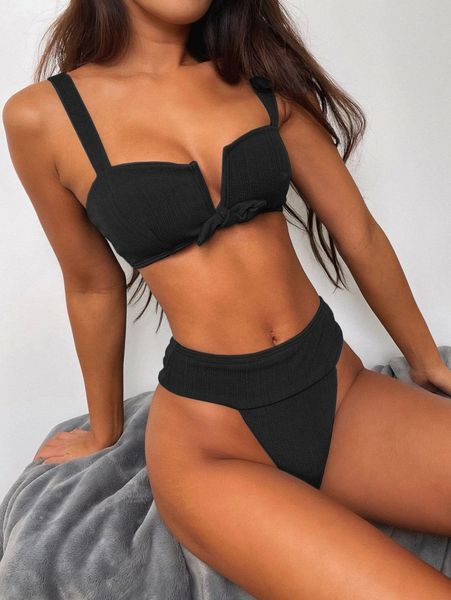 

v wired knot front bikini swimsuit l45y#, White;black