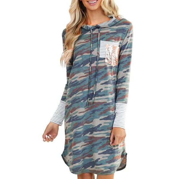 

women's leisure stripes camouflage print hooded long sleeve casual hooded dress stitching long sleeve dames jurken #t2g, Black;gray