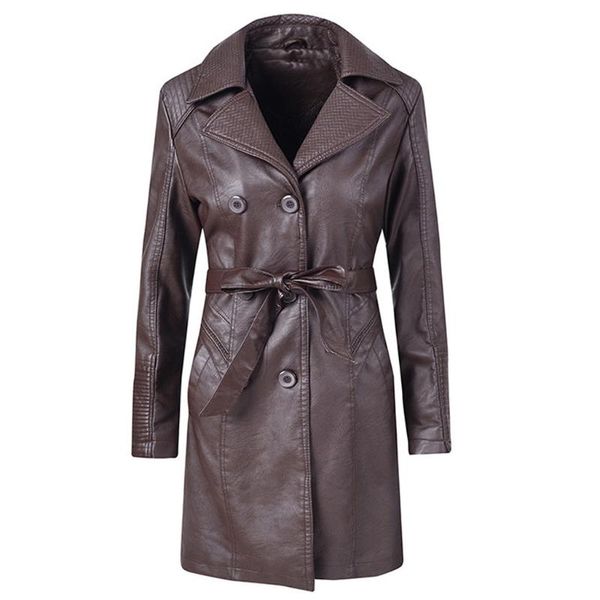 

2021 women coffee soft leather jacket dress medium length slim faux pu leather coats elegant tie belt waist pockets outfits#j30, Black