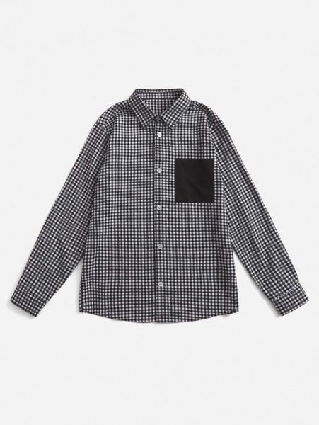 

men 1pc gingham print pocket patched shirt p34u#, White;black