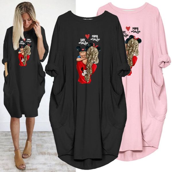 

plus size women's dress autumn long sleeve o neck cartoon beauty print loose pocket vintage party casual vestidos robe femme, Black;gray