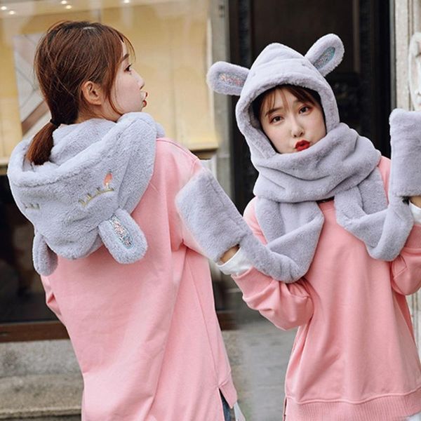 

winter hat women double thick hat scarf gloves one three piece korean version parent child thickening scarf students, Blue;gray