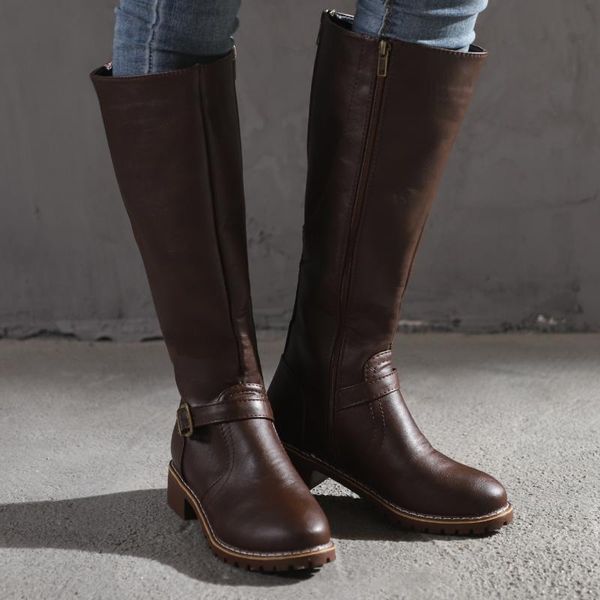 

women zip leather knee high boots 2020 women's buckle long boots woman low heels ladies non slip female comfort shoes plus size, Black