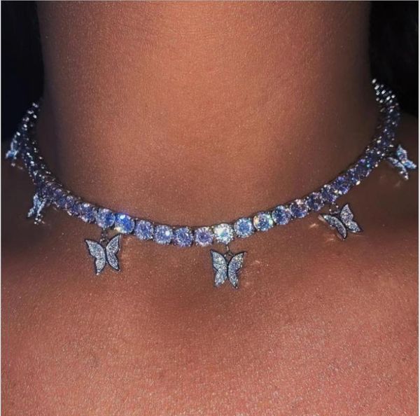 

chains zircon tennis chain with luxury drip cz butterfly charm 32+10cm choker necklaces iced out multilayer women jewelry, Silver