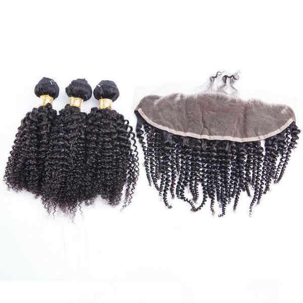 

13x4 kinky curly lace frontal closure with bundles brazilian human virgin hair kinky curl 3 bundles with closure, Black