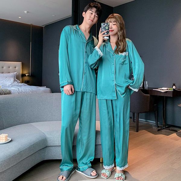 

men's sleepwear fzslcyiyi spring lovers silk satin pajama set couples long sleeve pants male women men wedding nightwear homewear, Black;brown