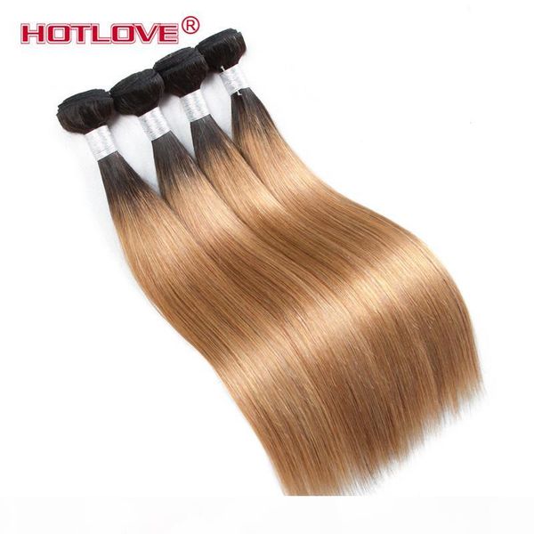 

ombre straight human hair weaves bundles 4 pcs lot brazilian virgin straight two tone ombre color hair t1b 27 dark roots blonde end, Black