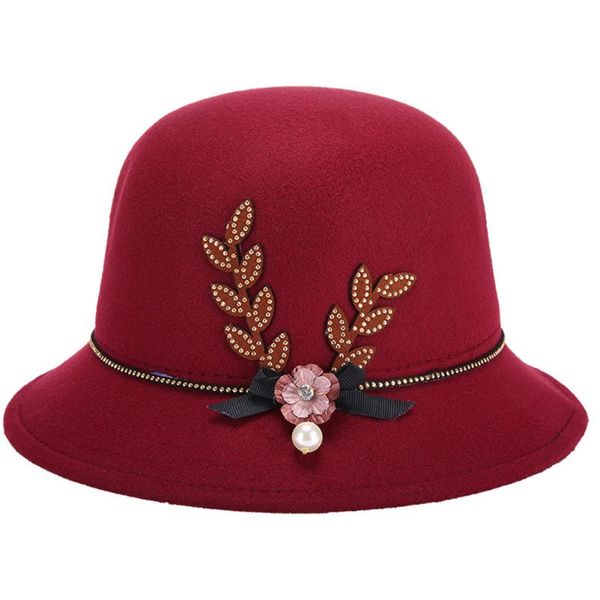 

vintage women hat flower pearl bow-knot decorated felt cap warm easy match lady elegant bowler hat, Blue;gray