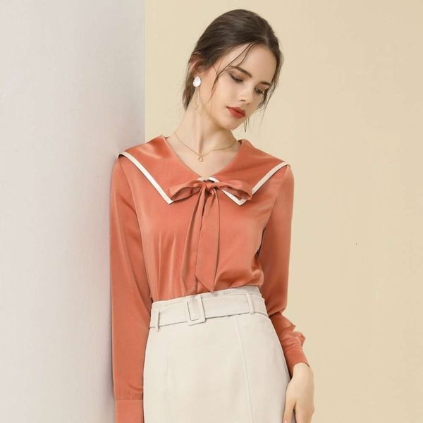 

baizi 2021 spring new korean small frh sweet navy collar shawl long sleeve bow chiffon shirt, White
