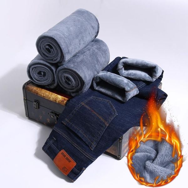 

шань bao классический бренд мужской прямые джинсы 2020 зима флис толстый удобный теплый высококачественный хлопок стрейч джинсы, Blue