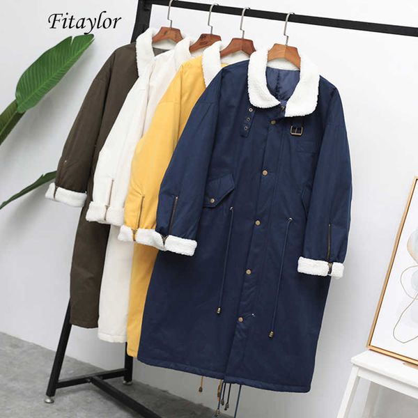 

fitaylor winter 90% white duck down parka women lamb fur patchwork thick long jacket overcoat sash tie up down snow outerwear t200915, Black