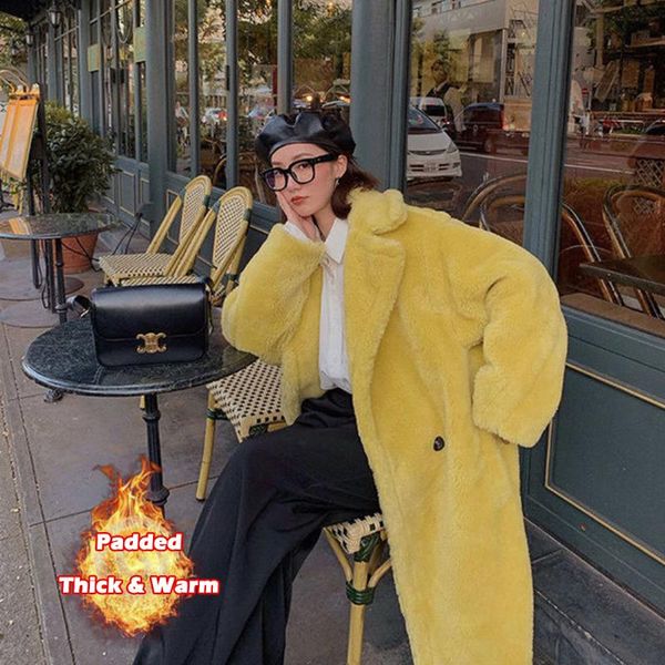

women's fur & faux junelove women winter longer warm long coat sleeve female thick teddy bear casual loose oversize outwears, Black