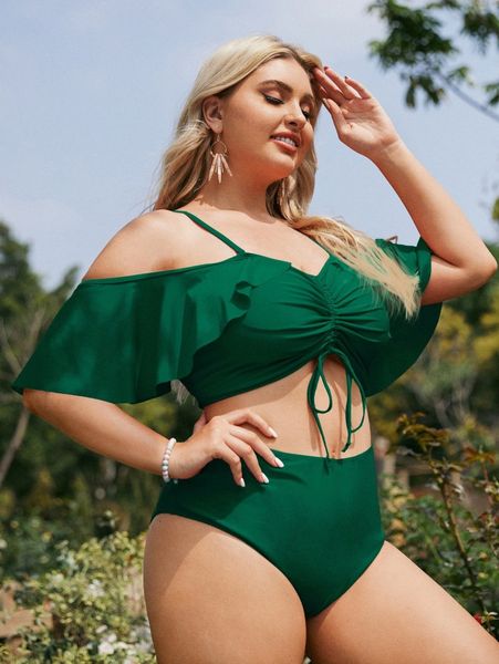 

plus drawstring front ruffle bikini swimsuit g3xc#, Black