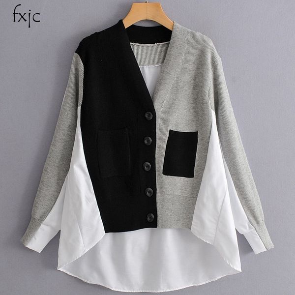 

autumn new sweaters chic design stitching v-neck long-sleeved cardigan thin sweater jacket women's sweater 201111, White;black