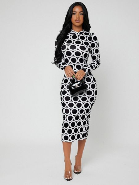 

sxy mock neck slit back polka dot dress h16u#, Black;gray