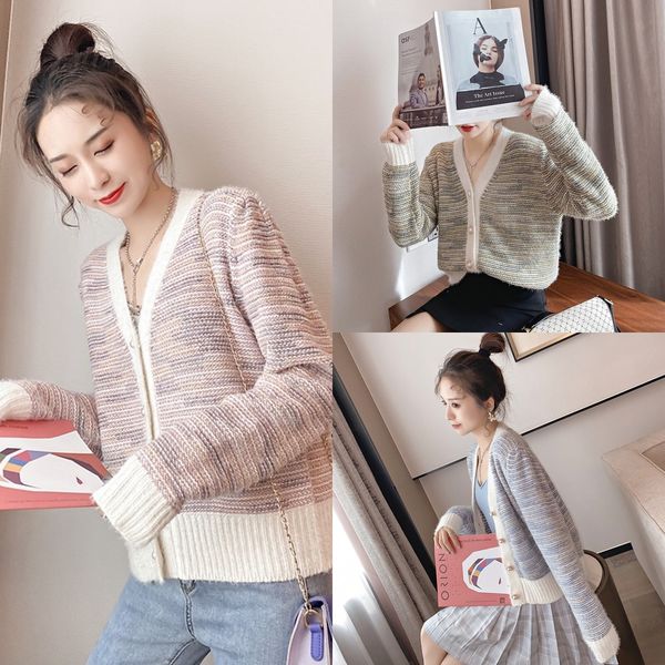

v-neck pinstripe coat sweater women's knitting cardigan new short versatile sweater coat for autumn winter 2020 piopz, White;black