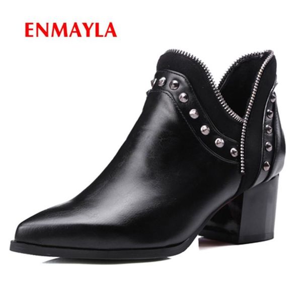 

boots enmayla 2021 fashion women pointed toe square heel ankle lady solid rivet motorcycle big size 34-43 zyl513, Black