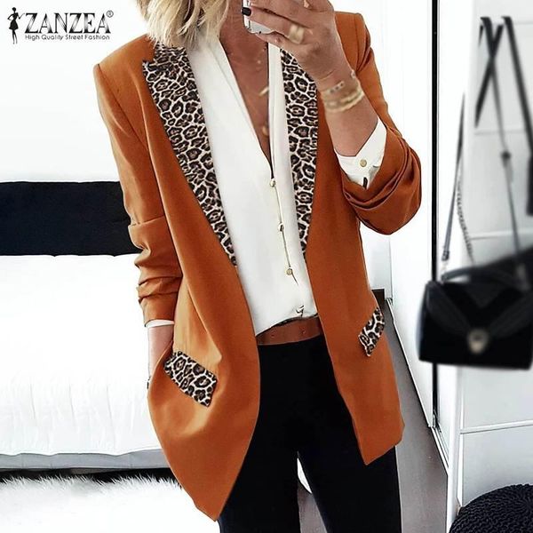 

zanzea women's blazers 2020 fashion ladies patchwork leopard lapel collar blazers casual thicken coats bussiness jackets outwear, White;black