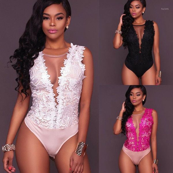

women lace jumpsuit sheer lace bodycon bodysuit solid leotard romper club summer sleeveless playsuit1, Black;white