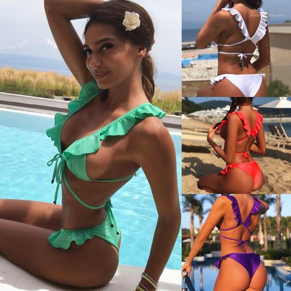 

bikini sets summer bandage ruffle two piece swimsuits fashion new beachwear for woman soild color, White;black