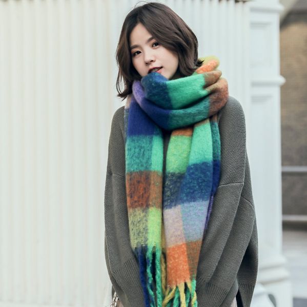 

brand plaid scarf women winter cashmere long tassel foulard femme thick autumn large warm head neck shawls 210cm 201103, Blue;gray