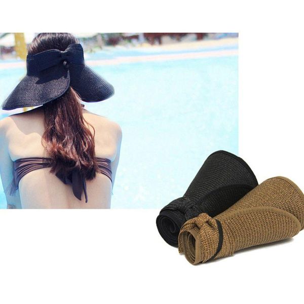 

women summer foldable open straw sun hat bowknot back adjustable breathable uv-protection wide brim beach visor cap 8 colors, Blue;gray