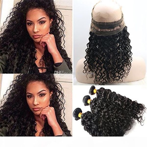 

pre plucked 360 frontal with deep curly hair weaves brazilian virgin hair weft deep curly with 360 full lace frontal closure 22.5x4x2, Black