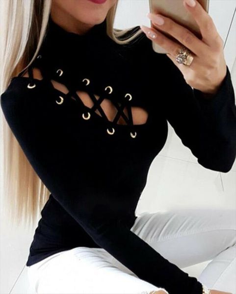 

womens shirt 2020 new fashion hollow out slim fit long sleeve casual round neck shirt solid black blouse for female, White