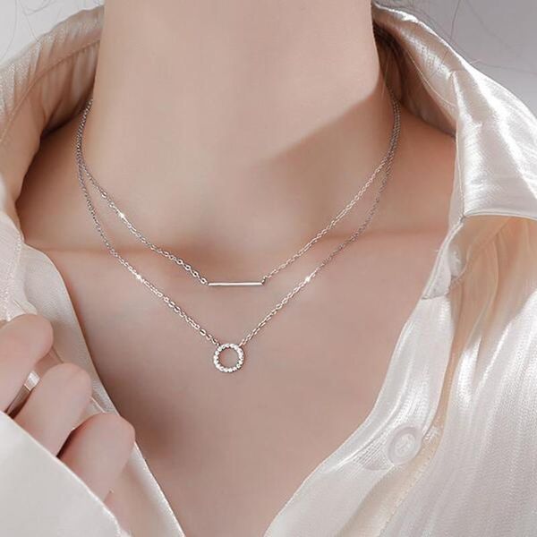 

chokers 925 sterling silver double layer bead chain necklace round shiny zircon pendant necklaces gift for girl fine accessories, Golden;silver