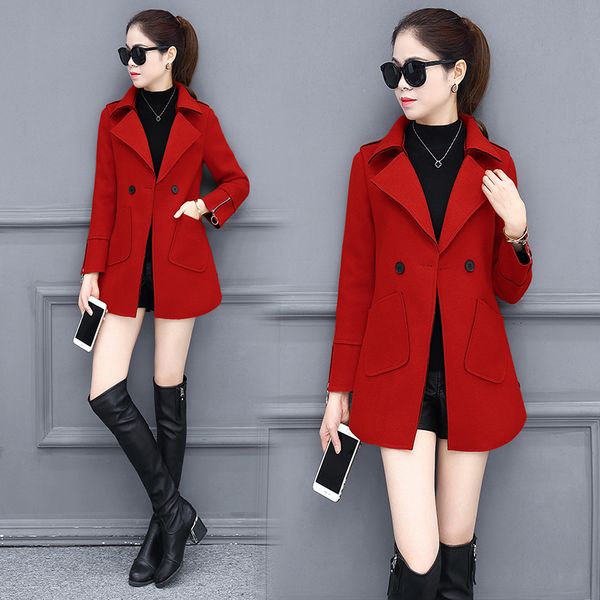

2021 new woman's coat spring winter wool double-collar collar double-breasted joker thin jacket a458 bg2y, Black