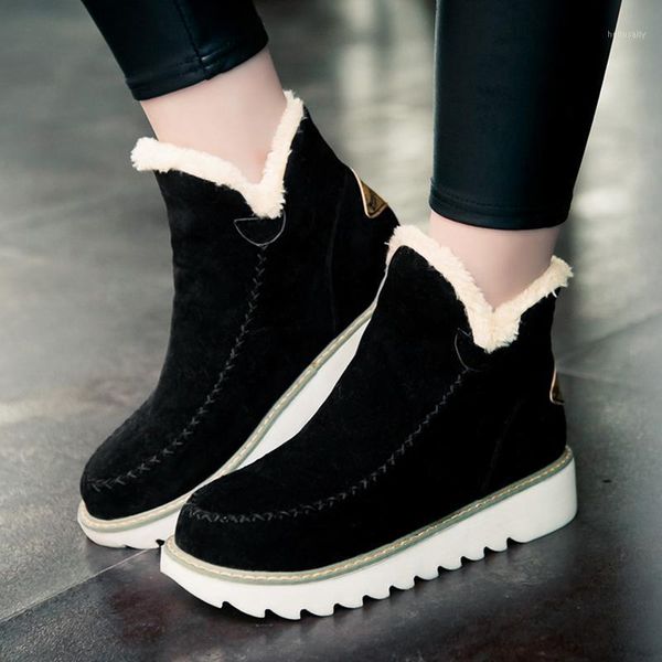 

winter autumn women snow boots round toe ankle warm plush boots slip-on women shoes flats black beige brown plus size 34-431