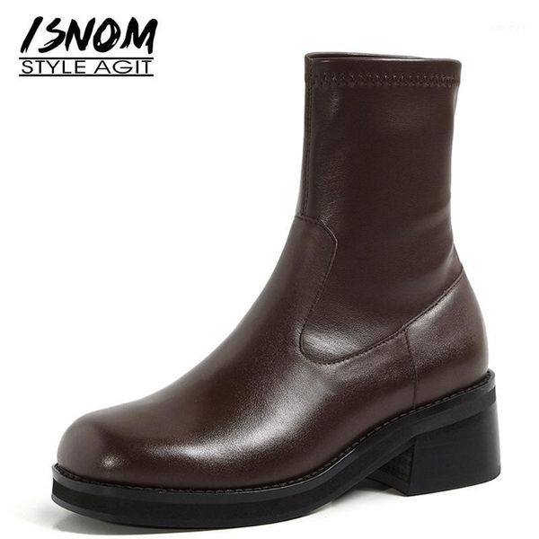 

isnom genuine leather ankle boots woman slim sock boot square toe slip on chunky heels short booties platform women shoes 20211, Black