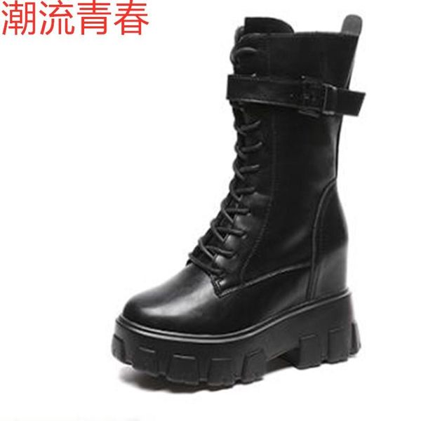 

women high heel boots black leather chunky platform boots fashion cross strap wedges shoes woman buckle mid calf