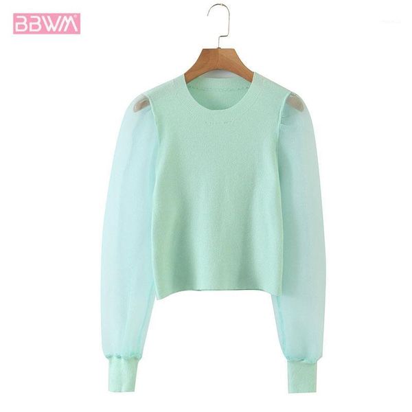 

harajuku round neck pullover green mesh gauze lantern sleeve chic women's sweater sweet knitting female sweater1, White;black