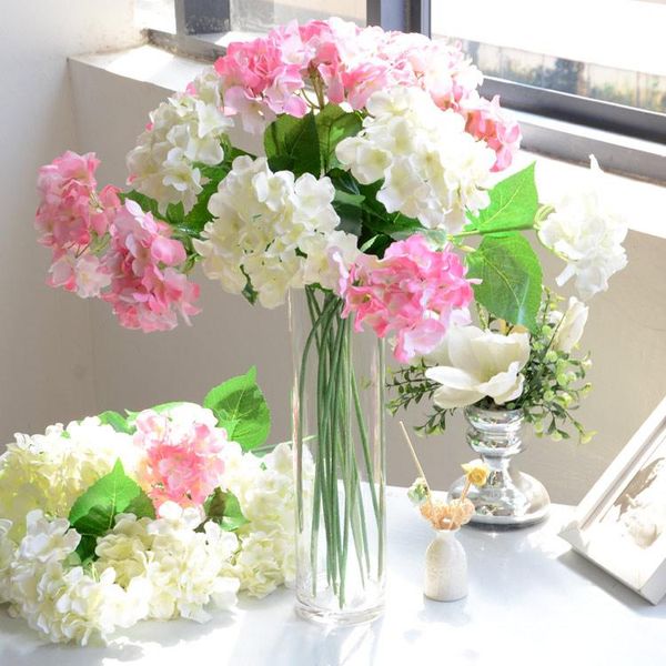 

decorative flowers & wreaths single branch hydrangea artificial silk flower bouquet with green leaves wedding bride party diy decoration fak