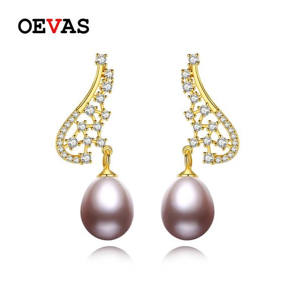 

dangle & chandelier oevas 100% 925 sterling freshwater pearl drop earrings gold color sparkling zricon hollow out wing wedding party fine je, Silver
