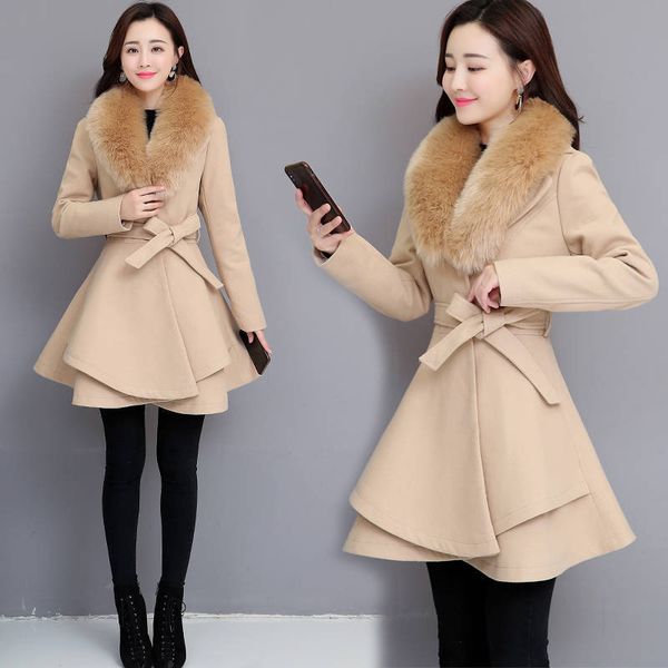

autumn new long woman's coat mixtures women's winter woman warm jacket wool z07e, Black;brown