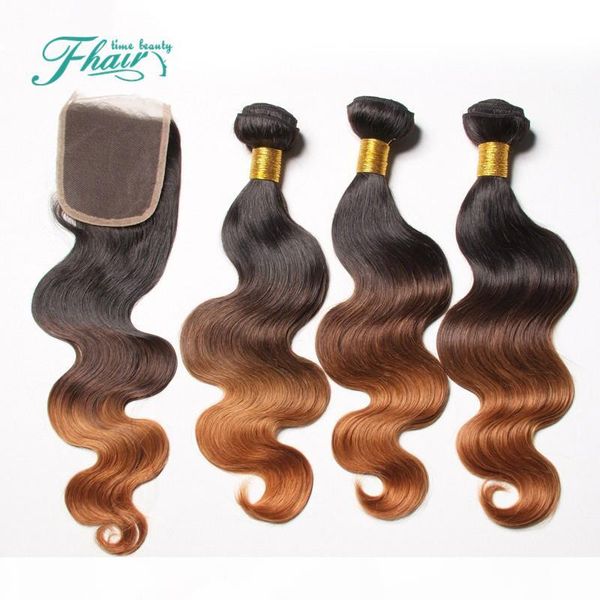 

high products ombre hair extensions three tone brown 1b 4 30 ombre malaysian body wave hair weave 3 bundles 4x4''closure with hair, Black