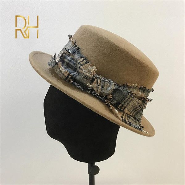 

new classic solid color войлок fedoras hat с радугой пояс мужчины женщины смешать джаз cap широкий брим простой flat top hat rh, Blue;gray
