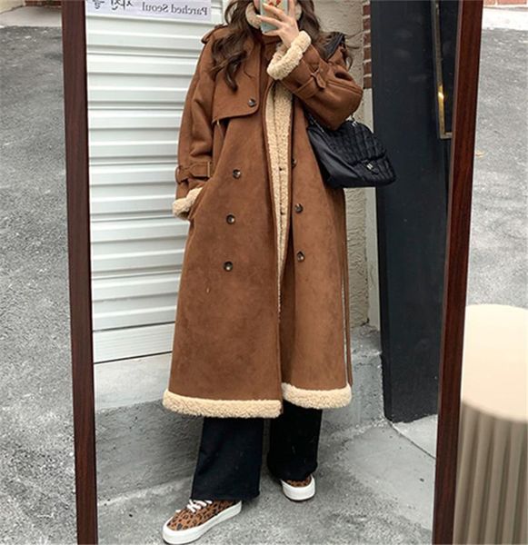 

women's fur & faux ladies winter warm korean fashion coat 2021 mid-length imitation lamb velvet thick windbreaker, Black