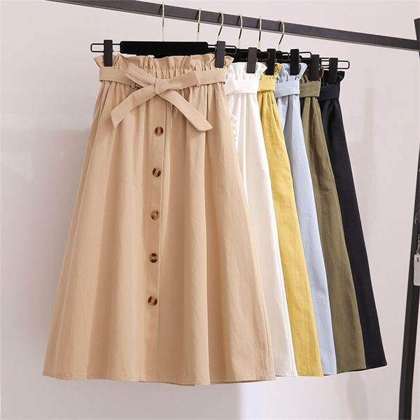 

single buckled bow solid cotton skirt women for summer 2019 slim retro black skirts women belt pocket yellow knee length skirt 1015