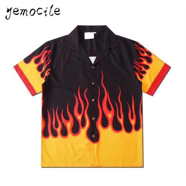 

2020 hip hop harajuku couples wear summer casual men women shirts flame print street wear loose short sleeve shirt streetwear 1022, White;black