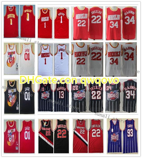 

stitched men clyde drexler 22 hakeem olajuwon 34 basketball jerseys retro red black tracy mcgrady 1 cactus 01 jack shirts, Black;red