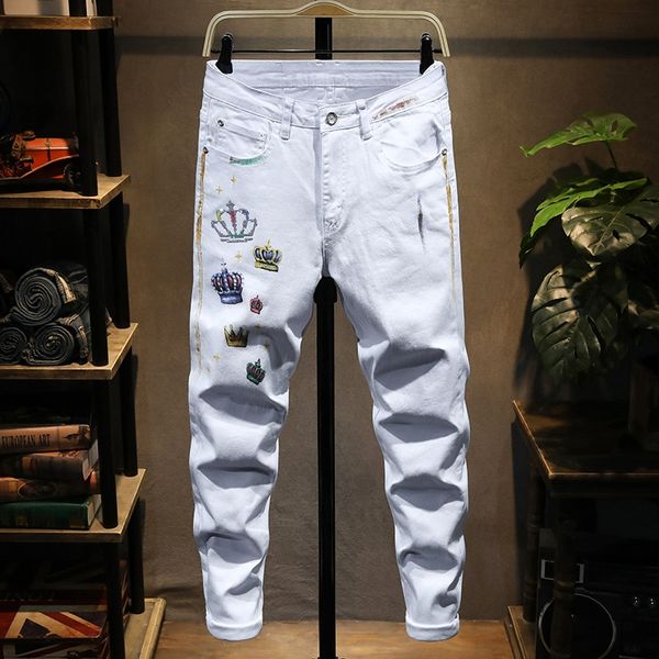 

d8sqk ins trend men's crown stamping printing stretch pants tight pants jeans tight pantsslim white jeans leggings, Blue