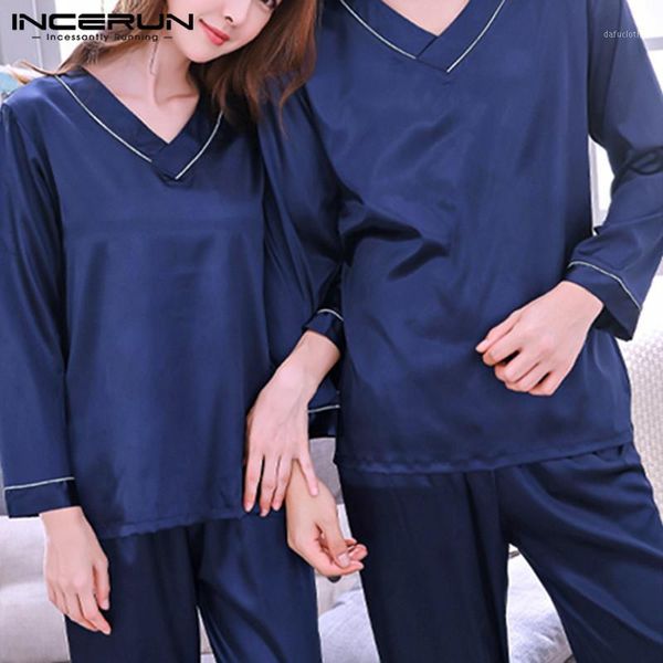 

incerun men pajamas sets long sleeve sleepwear soft v neck long pants 2 pieces couple nightgown cozy pyjamas sets1, Black;brown